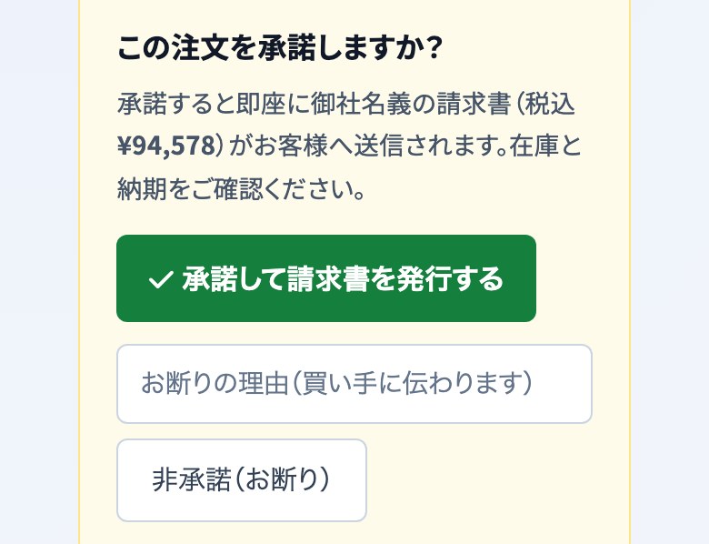 資材の注文が届いたときの画面。この注文を承諾しますか、承諾して請求書を発行する、非承諾(お断り)